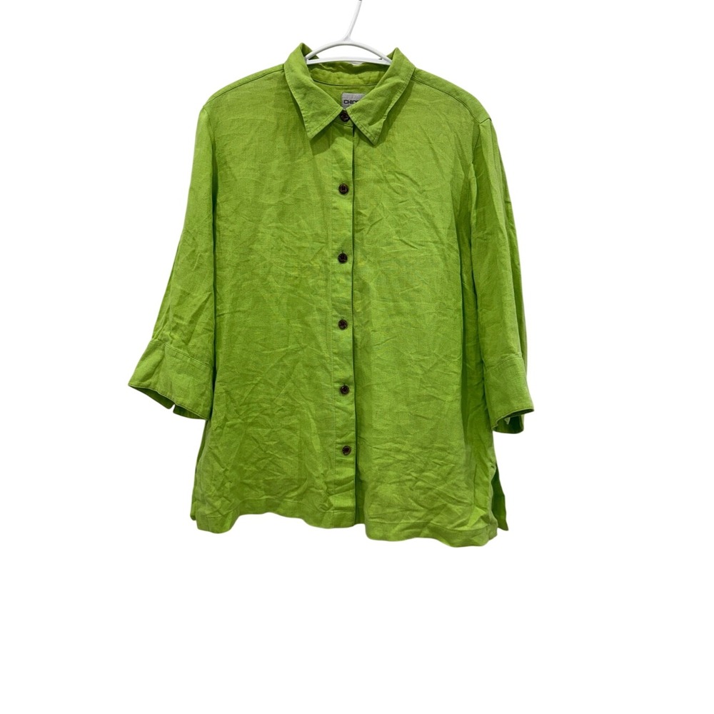 Chico's Size 2 100% Linen Lime Green Button Down Tunic Shirt